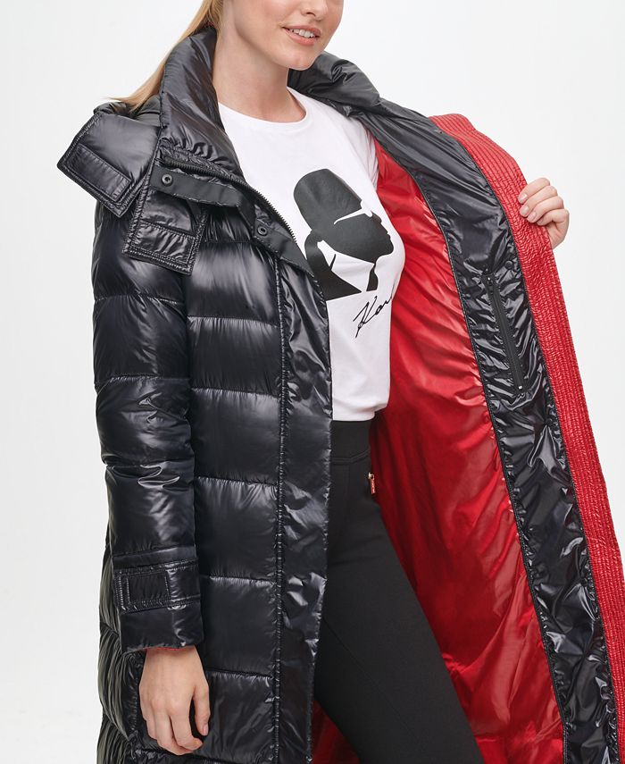 karl lagerfeld paris contrast maxi belted hooded puffer coat