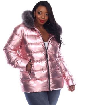 WHITE MARK WOMEN'S PLUS SIZE METALLIC PUFFER COAT WITH HOODIE
