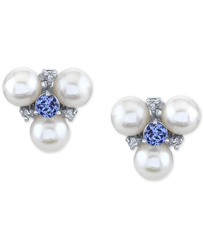 Macy's - Cultured Freshwater Pearl (6mm), Tanzanite (1/2 ct. t.w.) & Diamond (1/10 ct. t.w.) Stud Earrings in 14k White Gold