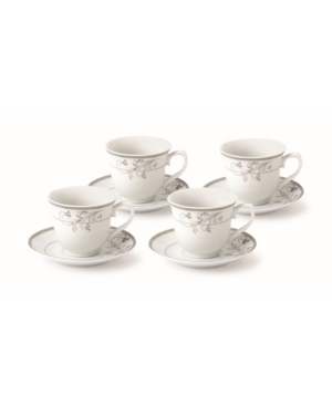 Lorren Home Trends Floral 8 Piece 8oz Tea Or Coffee Cup And Saucer Set, Service For 4 In Silver