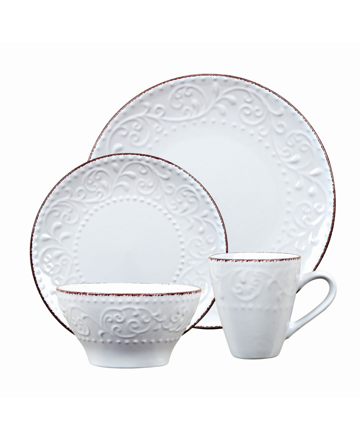 Lorren Home Trends 16 Piece Stoneware Scroll Dinnerware Set, Service for 4 - White
