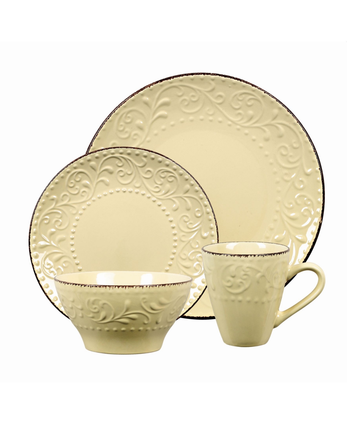 Lorren Home Trends 16 Piece Stoneware Scroll Dinnerware Set, Service for 4 - Yellow