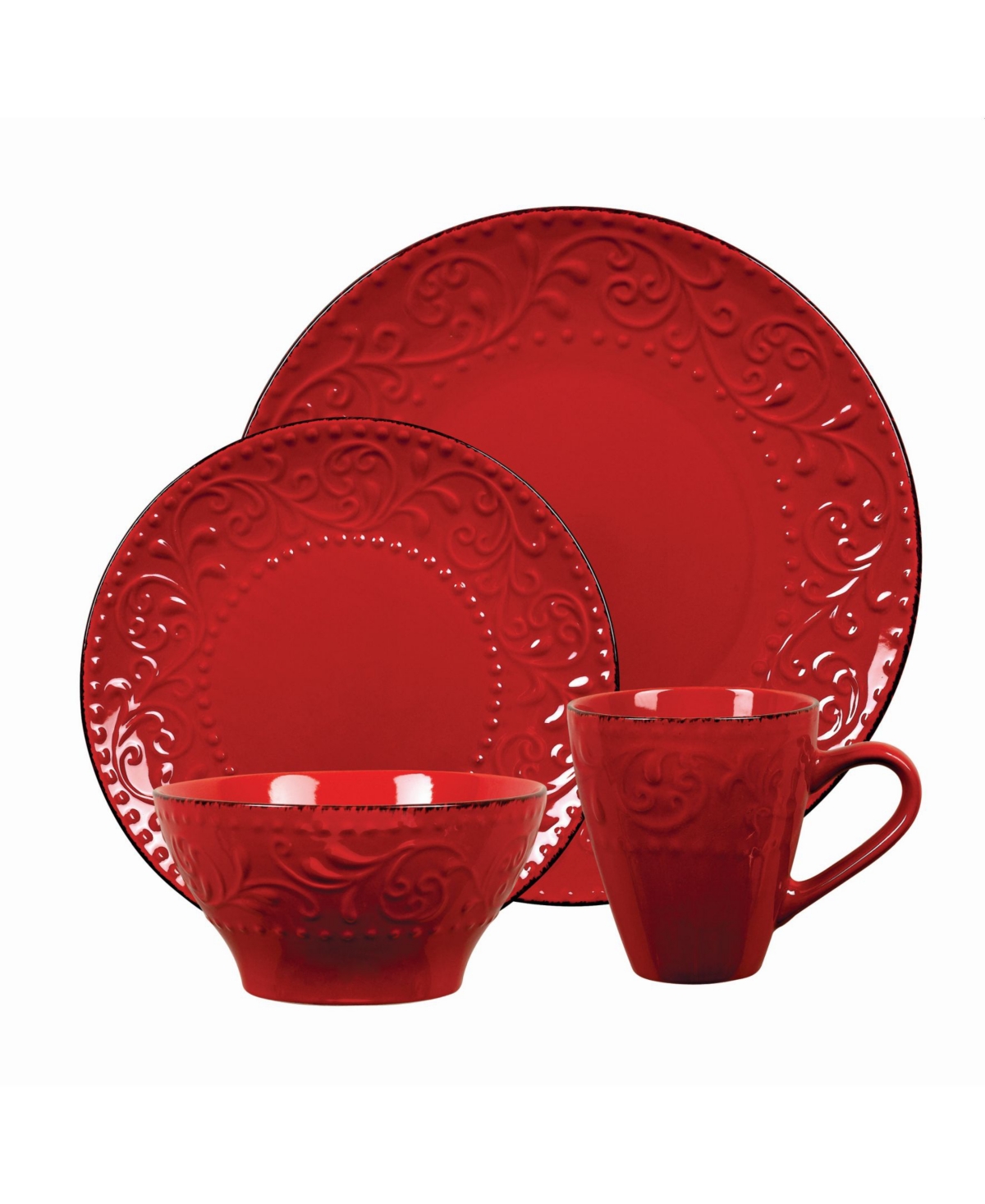 Lorren Home Trends 16 Piece Stoneware Scroll Dinnerware Set, Service for 4 - Red