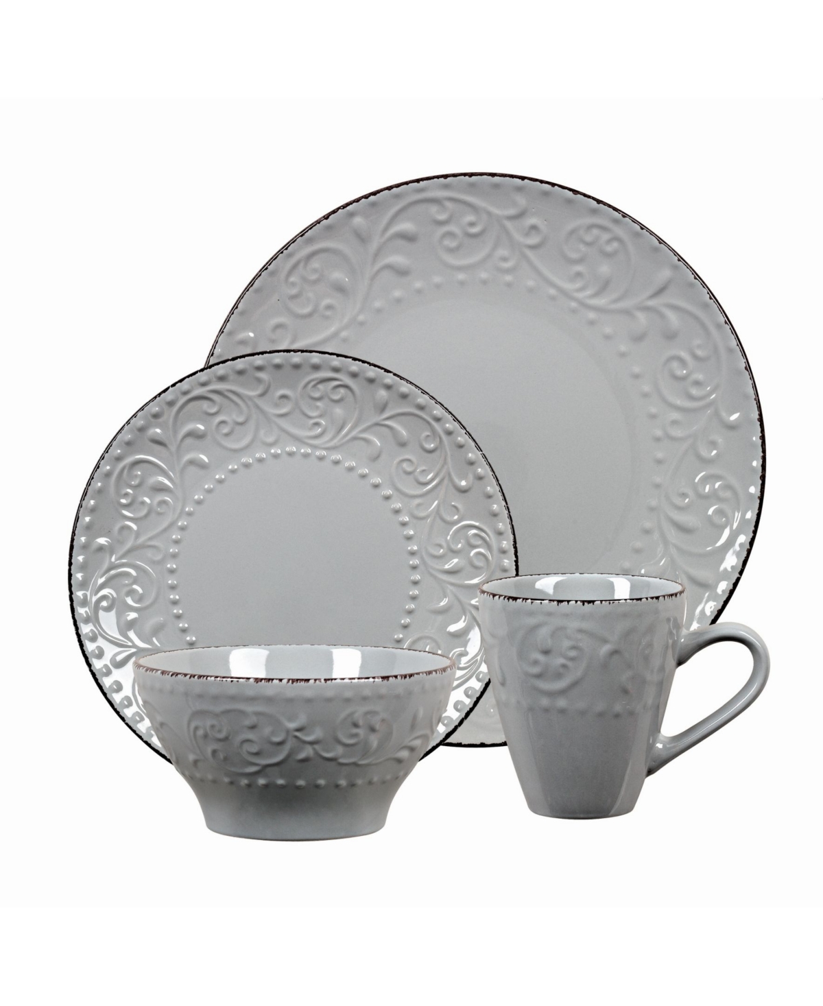 Lorren Home Trends 16 Piece Stoneware Scroll Dinnerware Set, Service for 4 - Gray
