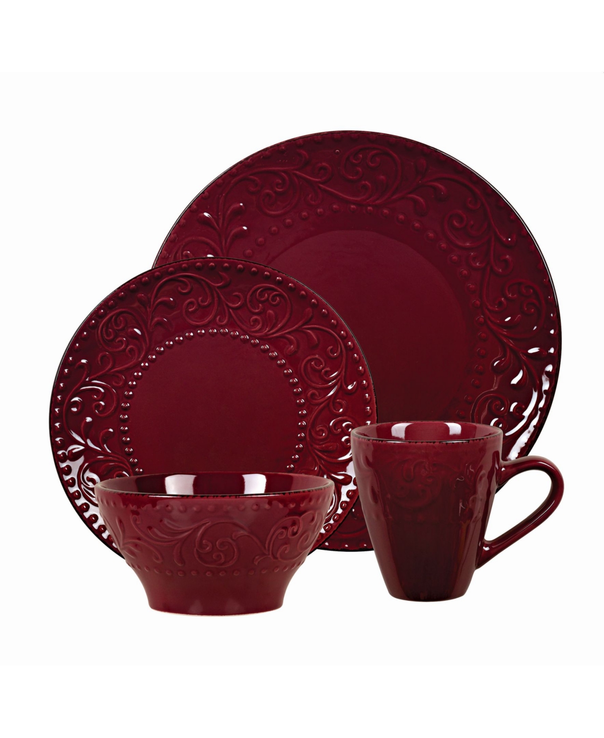 Lorren Home Trends 16 Piece Stoneware Scroll Dinnerware Set, Service for 4 - Merlot