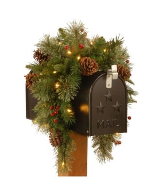 36" Feel Real(R) Colonial Mail Box Swag with 8 Pine Cones, 8 Red Berries and 15 Warm White Battery Operated LED Lights w/Timer