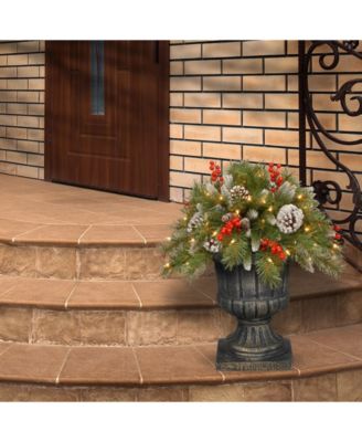 18' Frosted Berry Urn Filler with Cones, Red Berries, Tripod Stake & 35 Warm White Battery Operated LED Lights w/Timer