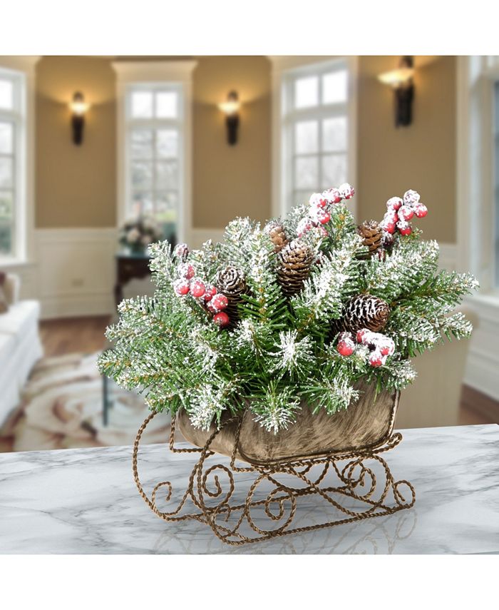 National Tree Company 10" Dunhill Fir Sleigh with Snow, Berries and