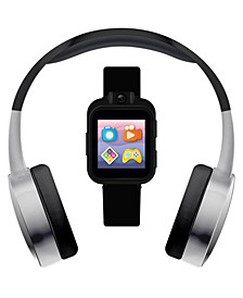 Kid's Black and Silver Tone Tpu Strap Smart Watch with Headphones Set 41mm