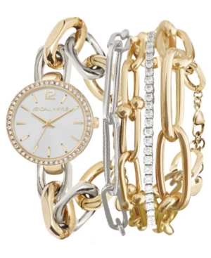 image of Women-s Kendall + Kylie Dainty Two-Tone Silver and Gold Tone Chain Link Stainless Steel Strap Analog Watch and Layered Bracelet Set 40mm