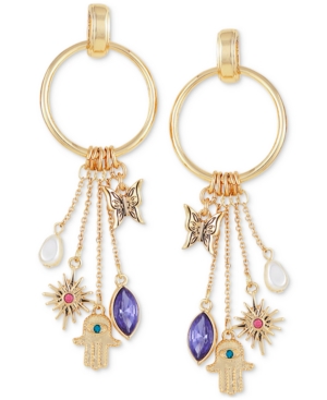 image of Guess Gold-Tone Stone & Imitation Pearl Multi-Charm Drop Hoop Earrings