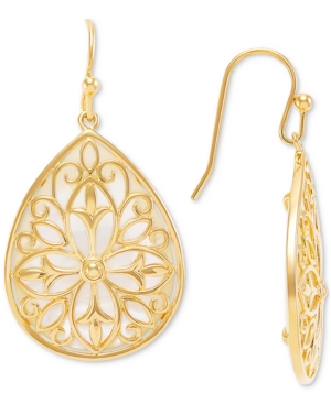 image of Mother-of-Pearl Filigree Overlay Teardrop Drop Earrings in 14k Gold-Plated Sterling Silver