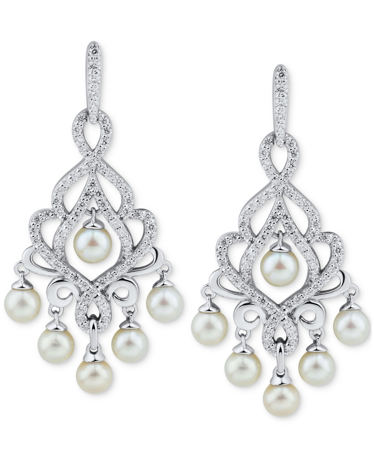 Arabella Cultured Freshwater Pearl (4-4-1/2mm) & Cubic Zirconia Chandelier Drop Earrings - Sterling Silver