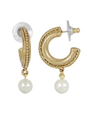 image of 2028 Women-s 14K Gold Dipped Imitation Pearl Drop Hoop Earrings