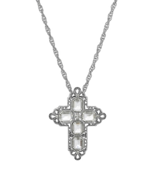 image of 2028 Women-s Pewter Rectangle Clear Crystal Cross Chain Necklace