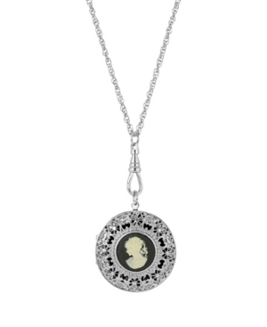 image of 2028 Women-s Silver Tone Black Cameo Round Filigree Locket Necklace