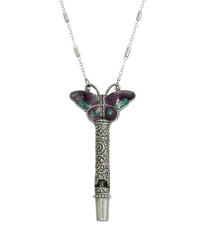image of 2028 Women-s Pewter Whistle with Purple Green Enamel Butterfly Necklace