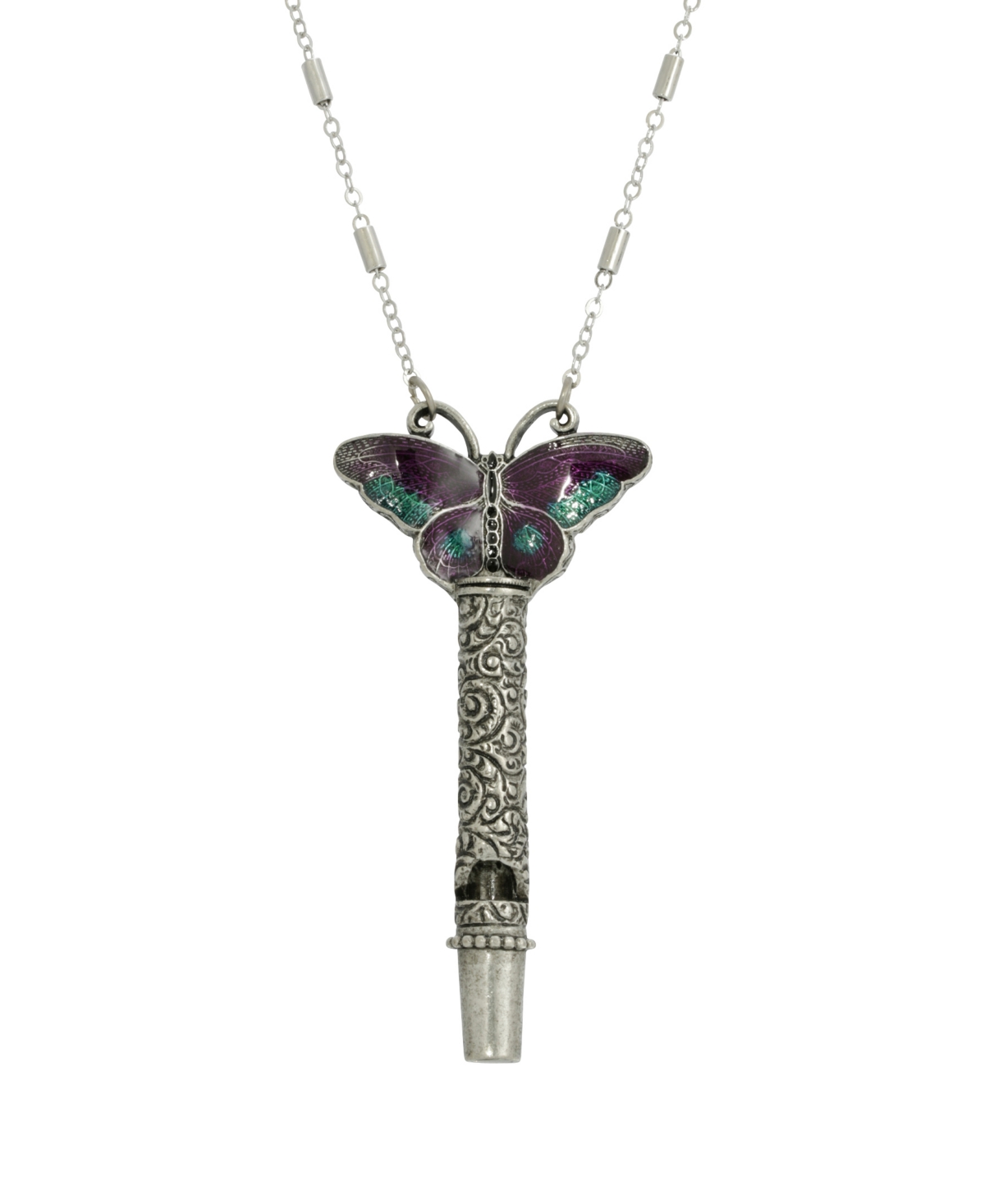 2028 Women's Pewter Whistle With Purple Green Enamel Butterfly Necklace