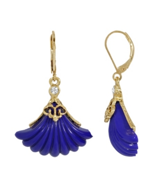 image of 2028 Women-s Gold Tone Blue Fan Stone Drop Euro Wire Earrings