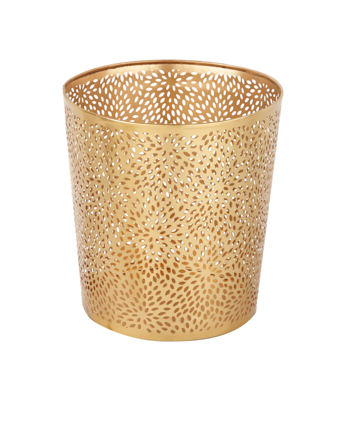 Small, Round, Glam Style Metallic Pierced Metal Waste Basket with Chrysanthemum Pattern - Gold-tone