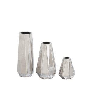 Cosmoliving By Cosmopolitan Set Of 3 Silver Stoneware Glam Vase, 7", 11", 15" In Silver-tone