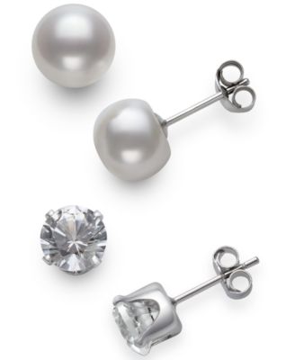 2-Pc. Set Cultured Freshwater Pearl (7mm) & Lab-Created White Sapphire  (9mm) Stud Earrings in Sterling Silver