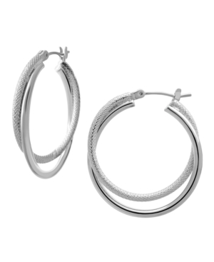 image of Smooth & Textured Small Double Hoop Earring in Fine Silver Plate