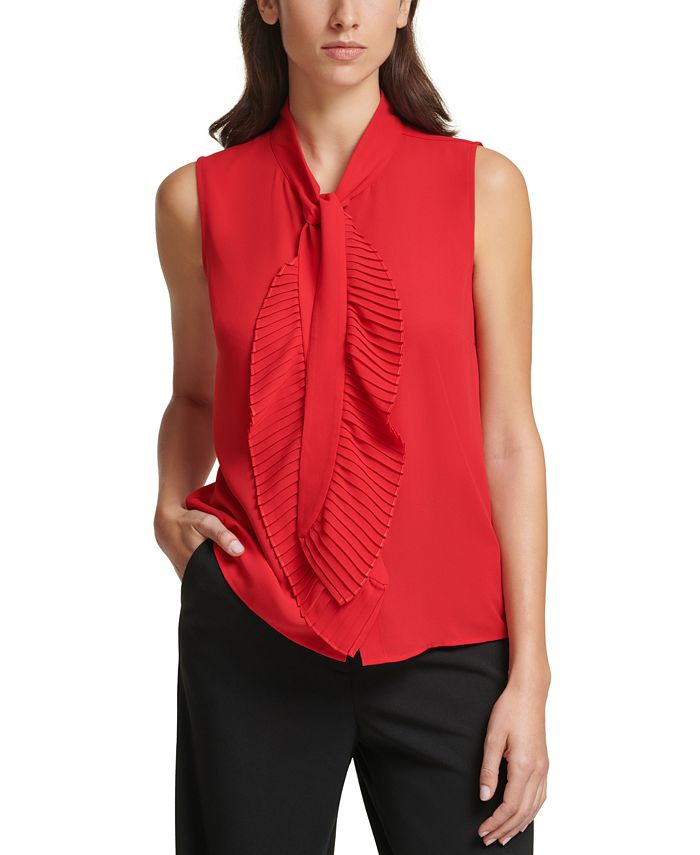 Calvin Klein Tie-Neck Sleeveless Ruffle Blouse - Macy's