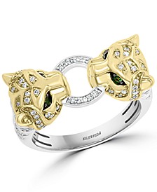 EFFY® Diamond (1/3 ct. t.w.) & Tsavorite Accent Twin Panther Statement Ring in Sterling Silver & 14k Gold-Plate