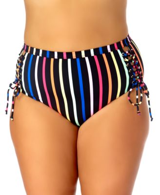 California Waves - Trendy Plus Size Striped Lace-Up Bikini Bottoms