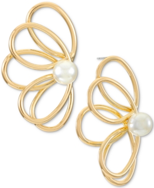 image of Alfani Gold-Tone Imitation Pearl Open Petal Flower Drop Earrings, Created for Macy-s