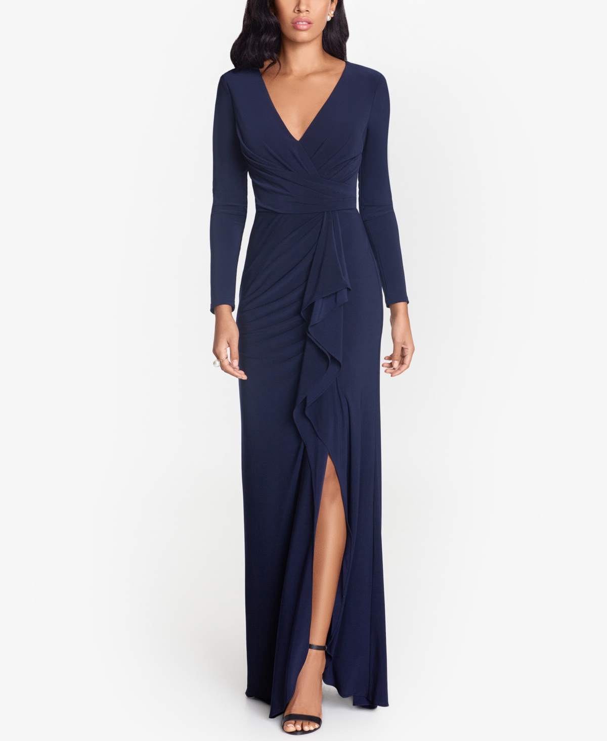 Betsy & Adam Ruffled Side-slit Gown In Navy