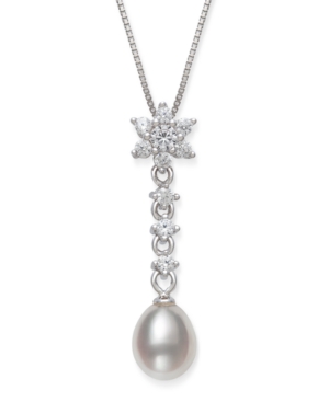 image of Cultured Freshwater Pearl 7-8mm and Cubic Zirconia Drop Pendant in Sterling Silver with 18