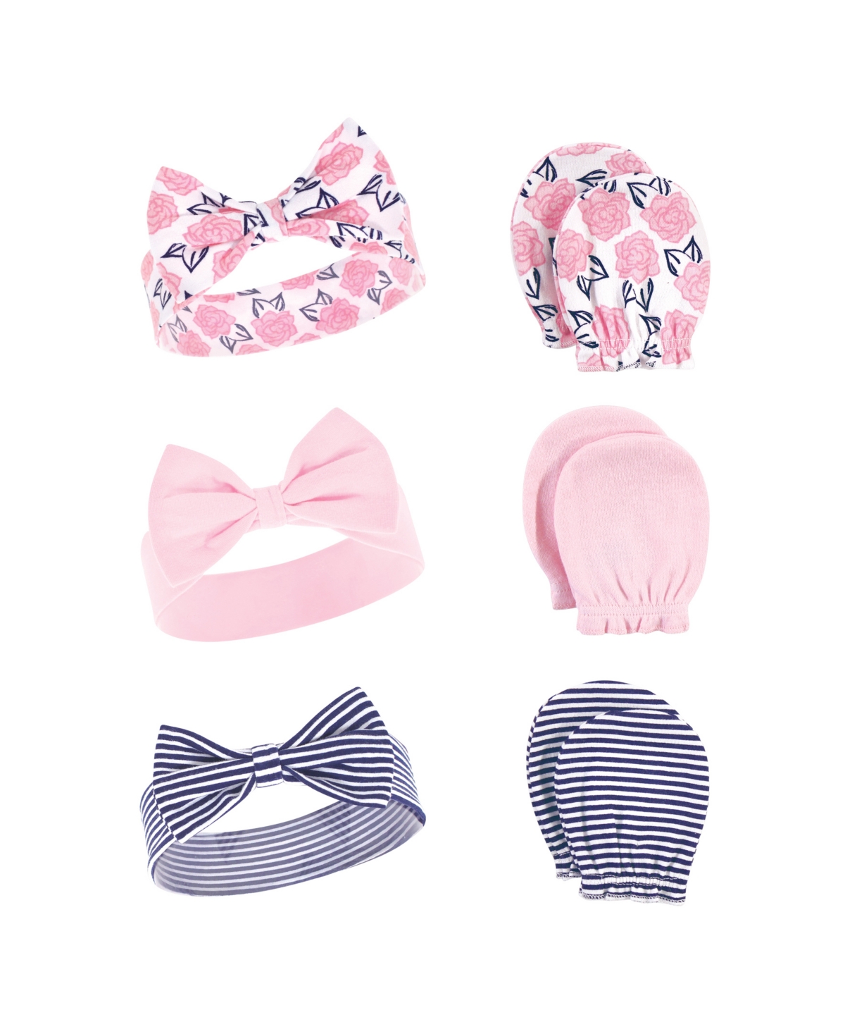 Hudson Baby Baby Girls Cotton Headband and Scratch Mitten 6pc Set, Pink Peony, Months