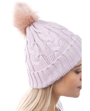 Women's Cable Knit Cuff Faux Fur Pom Hat