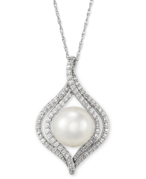 Honora Cultured Freshwater Pearl (8mm) & Diamond (1/4 Ct. T.w.) 18" Pendant Necklace In 14k Yellow, White O In White Gold