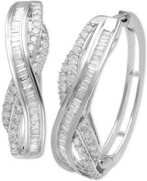 image of Diamond Crisscross Baguette & Round Hoop Earrings (1 ct. t.w.) in Sterling Silver