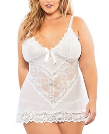 Plus Size Soft Cup Lacey Babydoll with Bows and G-String