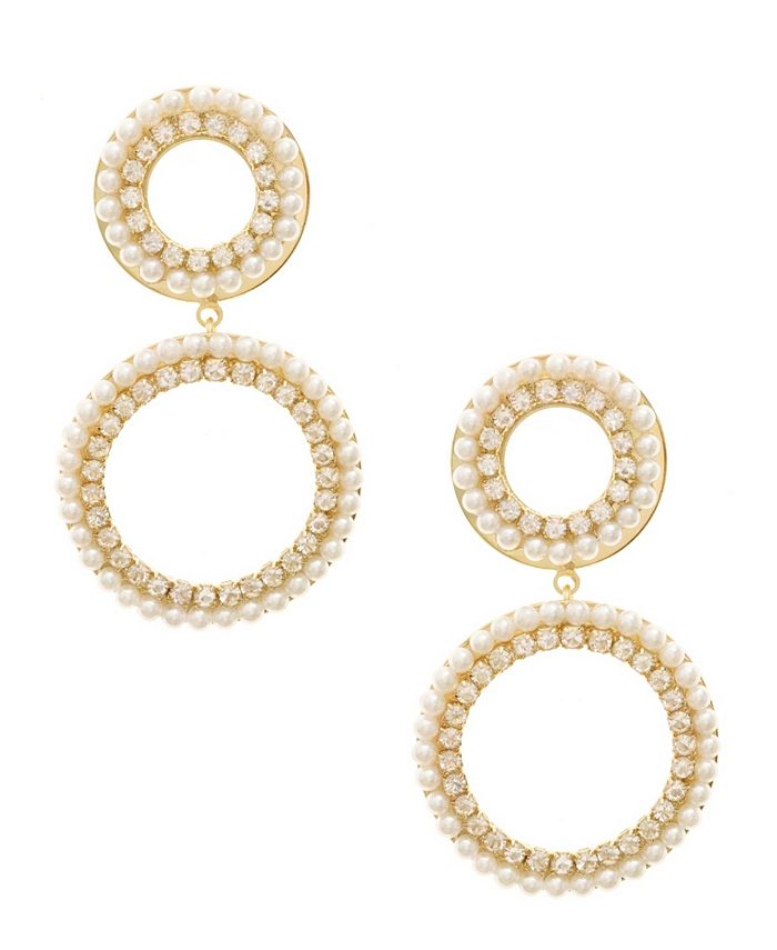 ETTIKA - Crystal Imitation Pearl Double Ring Earrings