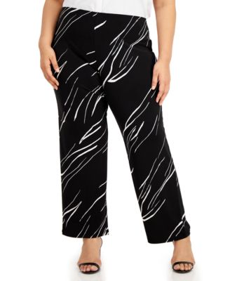 Alfani Plus Size Printed Wide-Leg Soft Pants, Created for Macy's - Black Linear Breeze - Size 3X