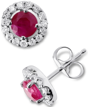 image of Certified Ruby (7/8 ct. t.w.) & Diamond (1/3 ct. t.w.) Halo Stud Earrings in 14k White Gold