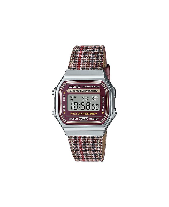 Casio Digital Houndstooth Leather Strap Watch 36.3mm - Macy's
