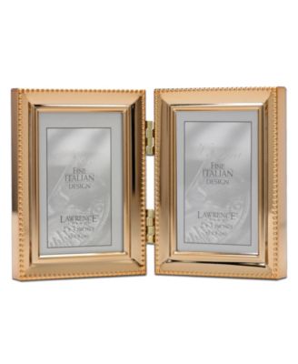 Polished Metal Hinged Double Picture Frame - Bead Border Design, 2.5" x 3.5"