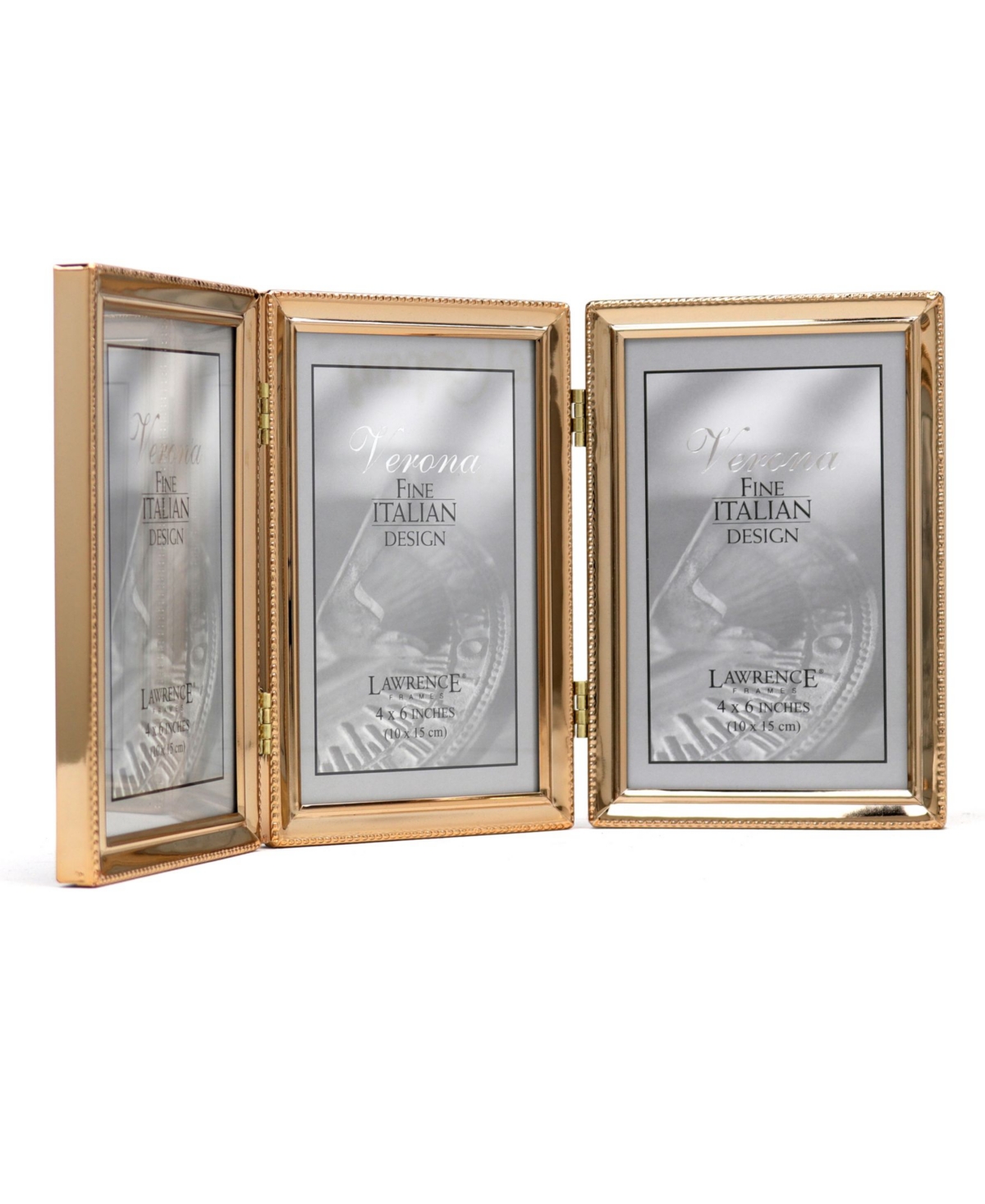 Polished Metal Hinged Triple Picture Frame - Bead Border Design, 4" x 6"