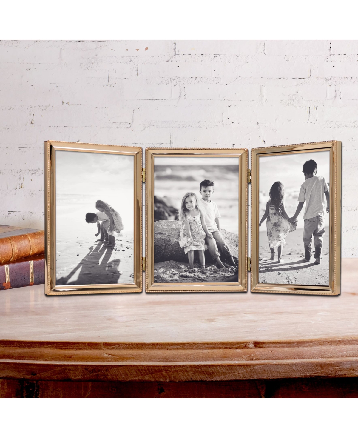 Polished Metal Hinged Triple Picture Frame - Bead Border Design, 5" x 7"