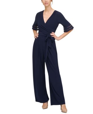 Jessica Howard Belted Illusion-Trim Jumpsuit - Macy's