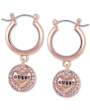 image of Guess Rose Gold-Tone Crystal Heart Charm Huggie Hoop Earrings