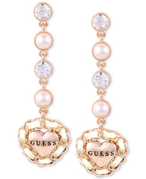 image of Guess Rose Gold-Tone Imitation Pearl & Crystal Heart Drop Earrings