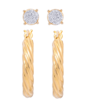 image of Diamond Accent Round Stud and Twist Hoop Earring Set in Fine Gold Plate