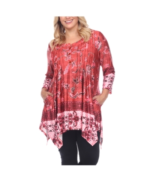 White Mark Women's Plus Size Victorian Print Tunic Top With Pockets In Red